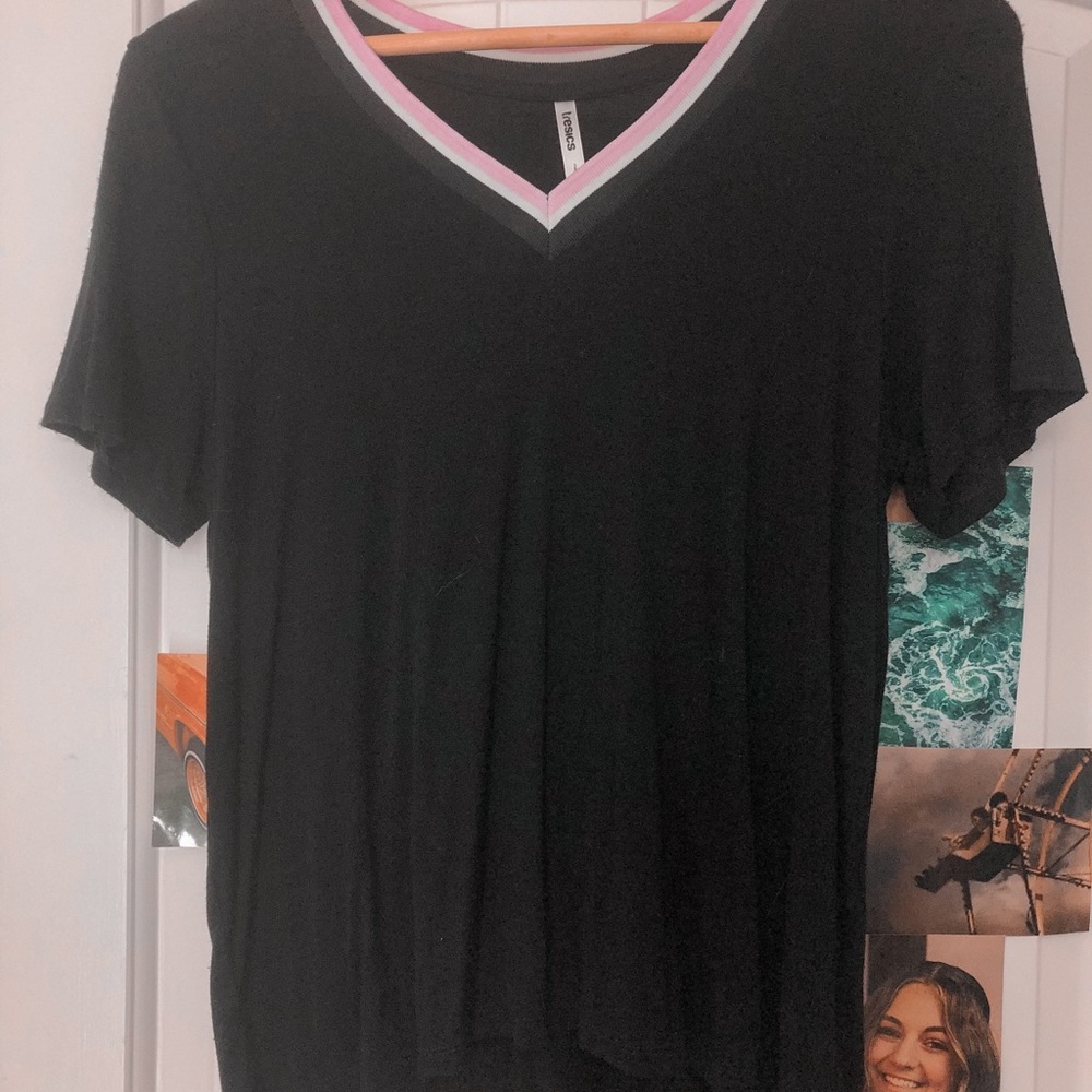 soft tee, v neck, black, pink and white detail